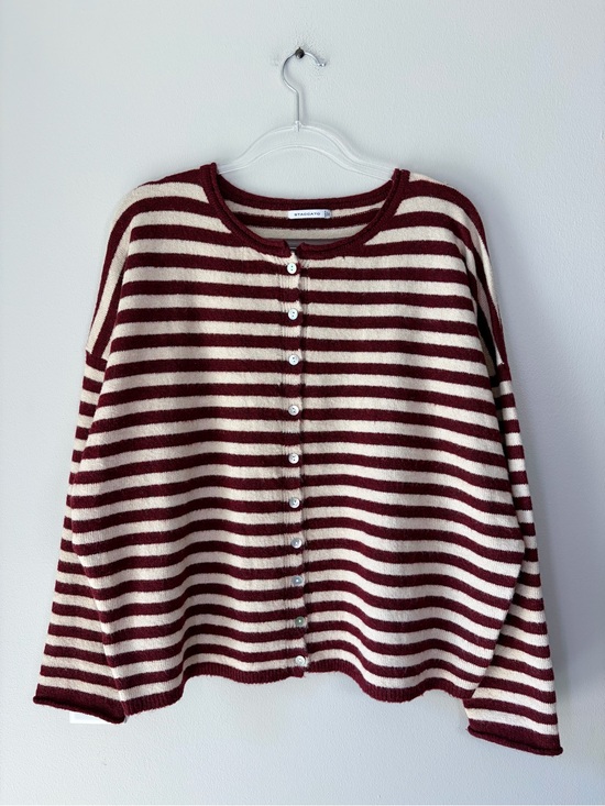 Staccato Sweaters - Staccato Burgundy and Oat Striped Knit Relaxed Fit Cardigan Sweater Tomato Girl